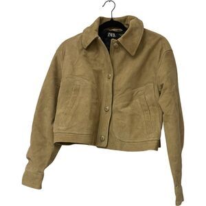 Zara Womens Leather Suede Coat Jacket XS Beige Tan Short Fit 4720/200 NWT